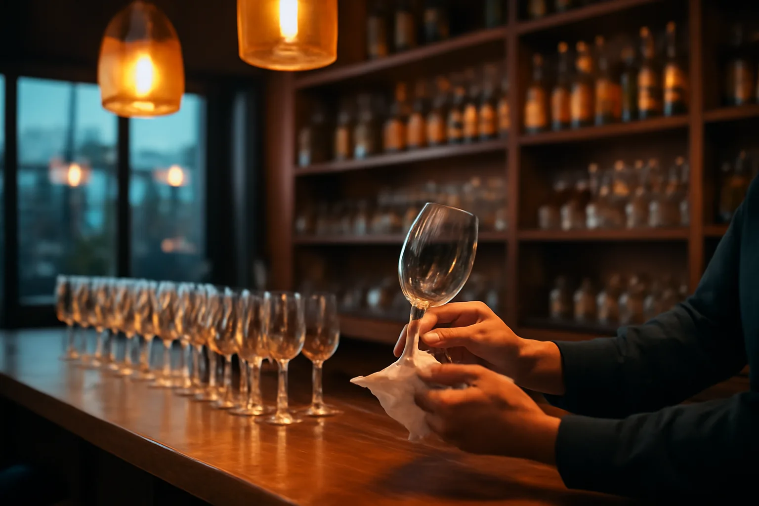 Bartender polishing a glass at a dimly lit restaurant bar counter
