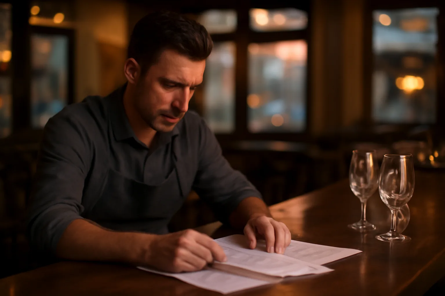 Restaurant owner reviewing documents at bar counter before opening, related to liquor license cost