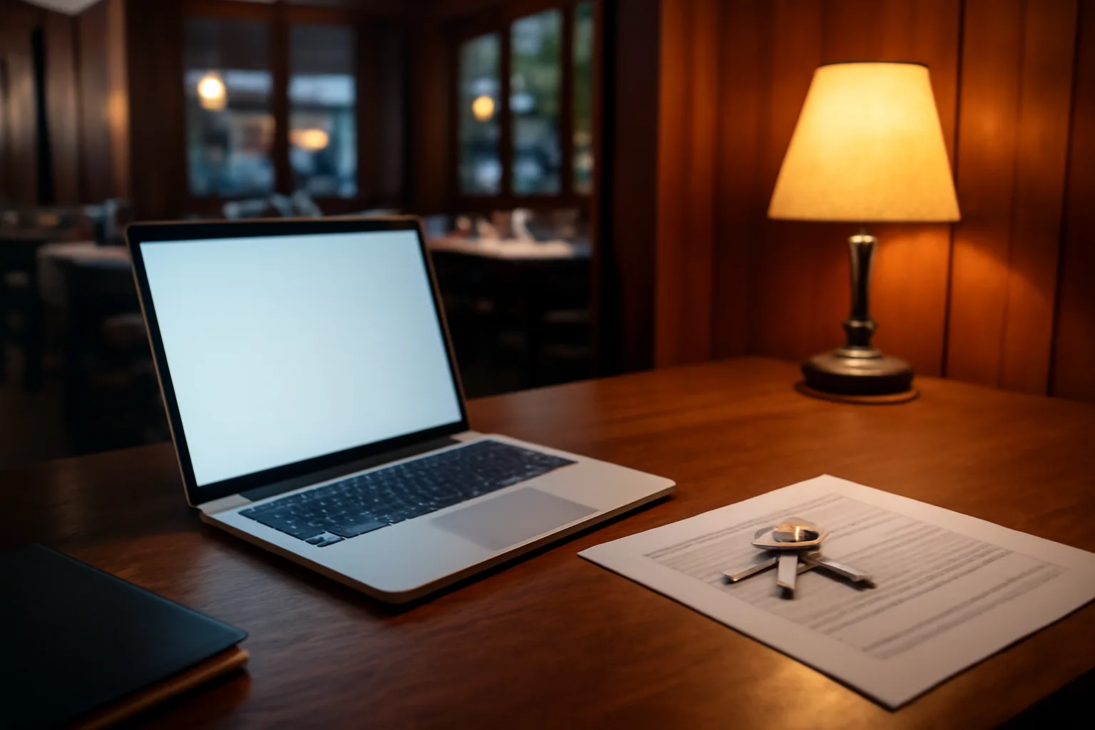 Restaurant owner's desk at dusk during a New York liquor license search