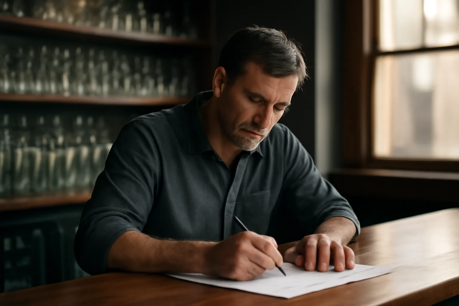 Restaurant owner reviewing liquor license paperwork at bar counter in morning light
