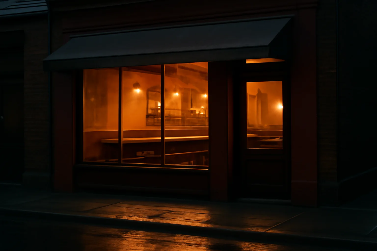 Restaurant storefront at dusk with lit bar interior, no visible signage or text