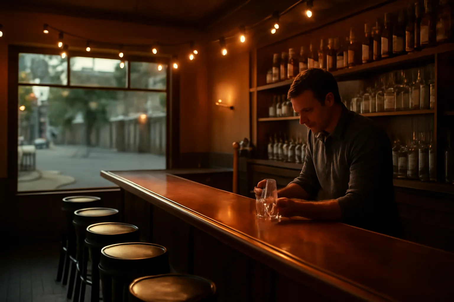 Bartender preparing a neighborhood bar for opening in New Jersey at dusk
