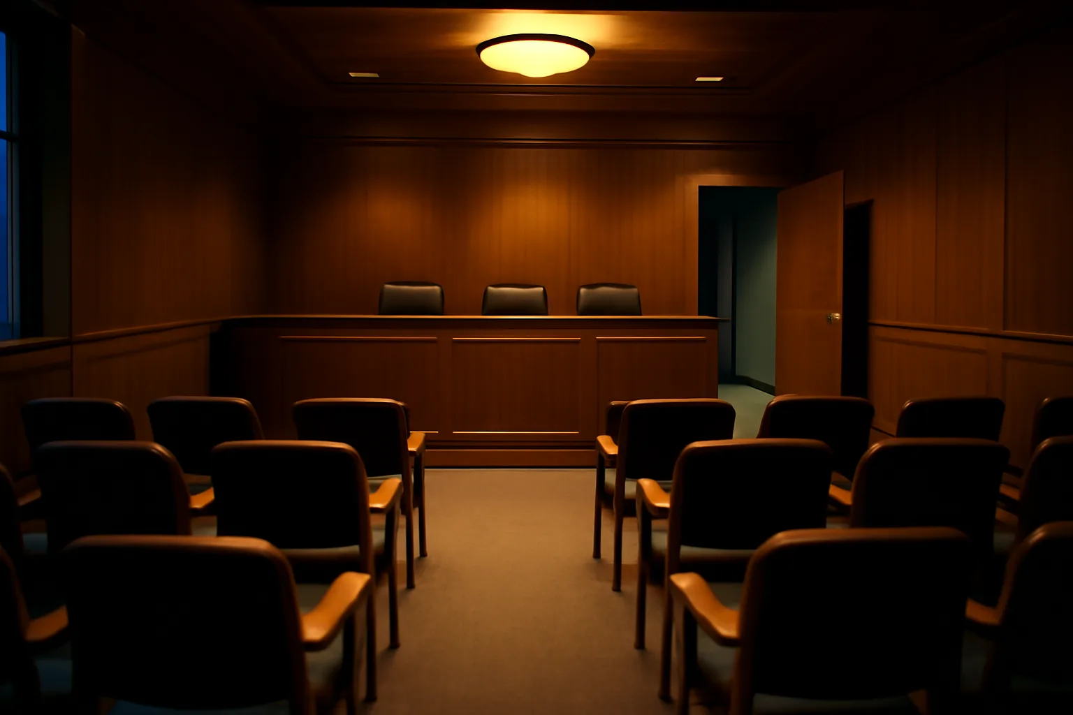 Empty municipal hearing room where liquor license transfer applications get reviewed