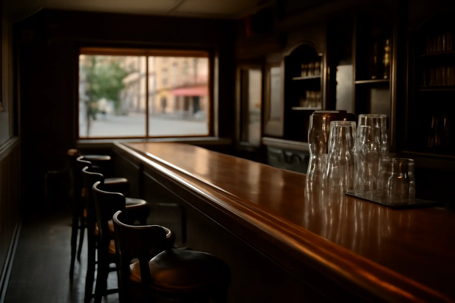Empty wooden bar counter and stools inside a small New Jersey tavern at dusk