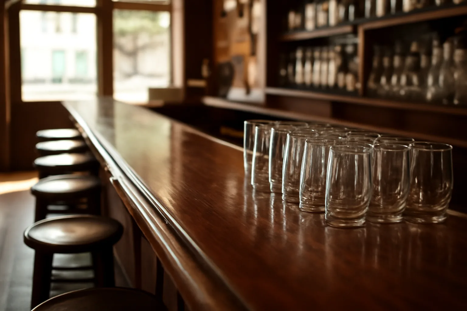Empty wood-topped bar counter with glassware lit by afternoon sunlight in North Carolina.