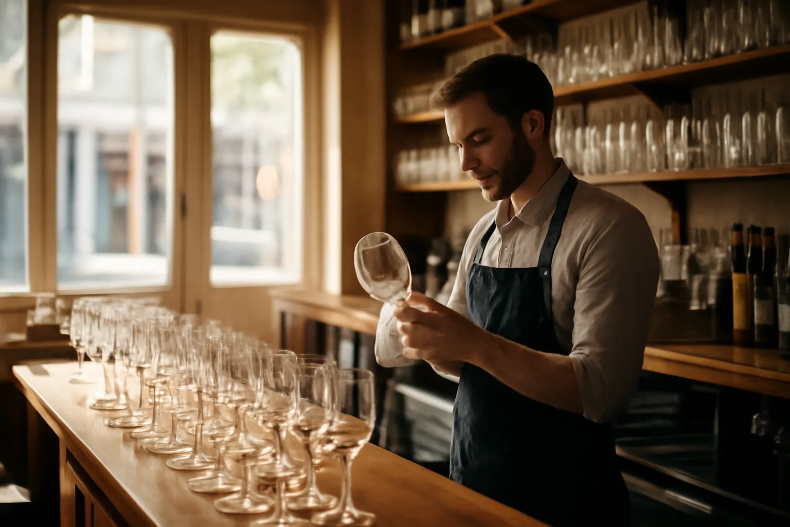 Bartender polishing a glass at a sunlit restaurant bar counter