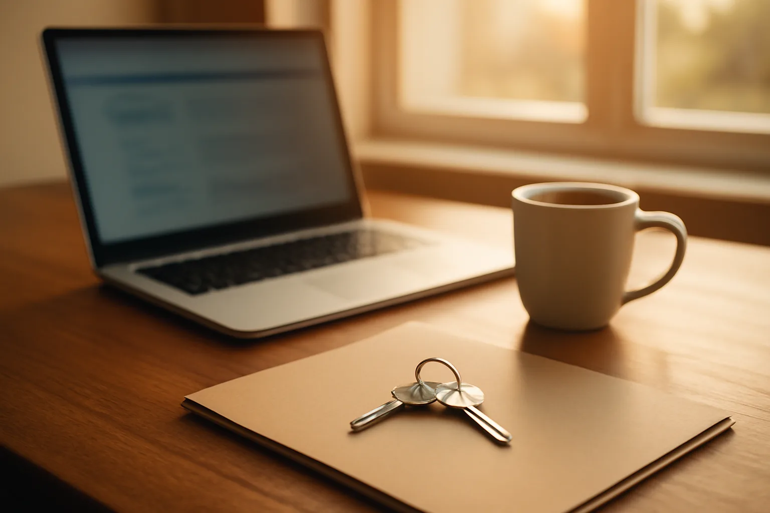 Restaurant owner's desk with laptop open to a state licensing website and keys nearby