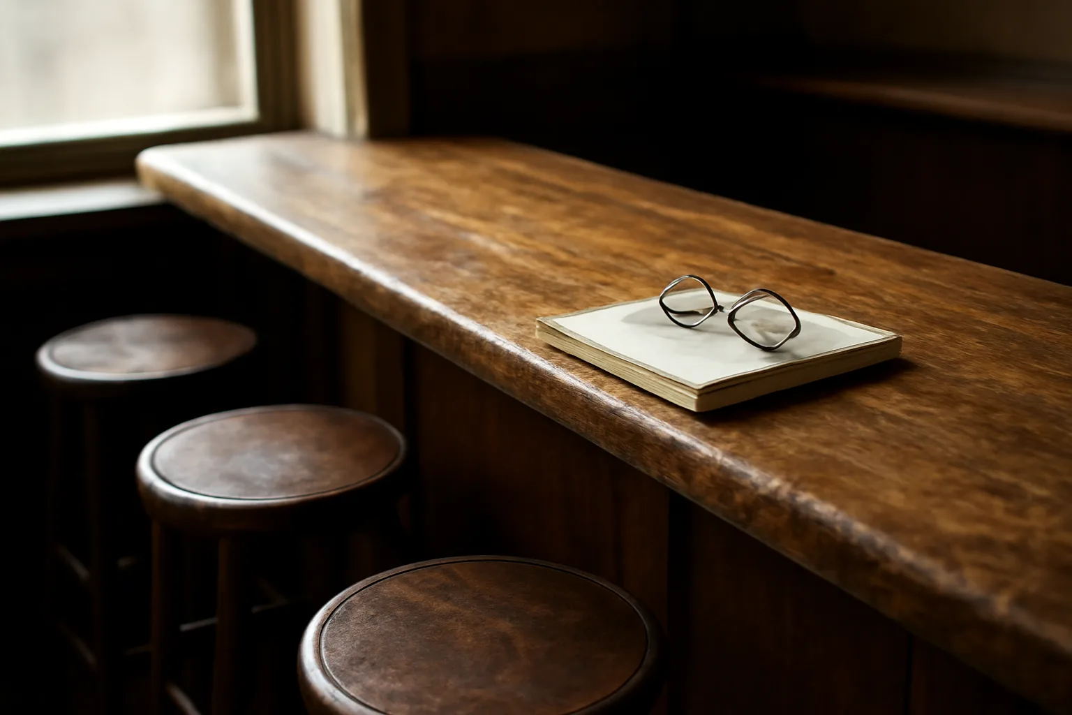 Empty bar counter with notebook and glasses, representing liquor license research before opening