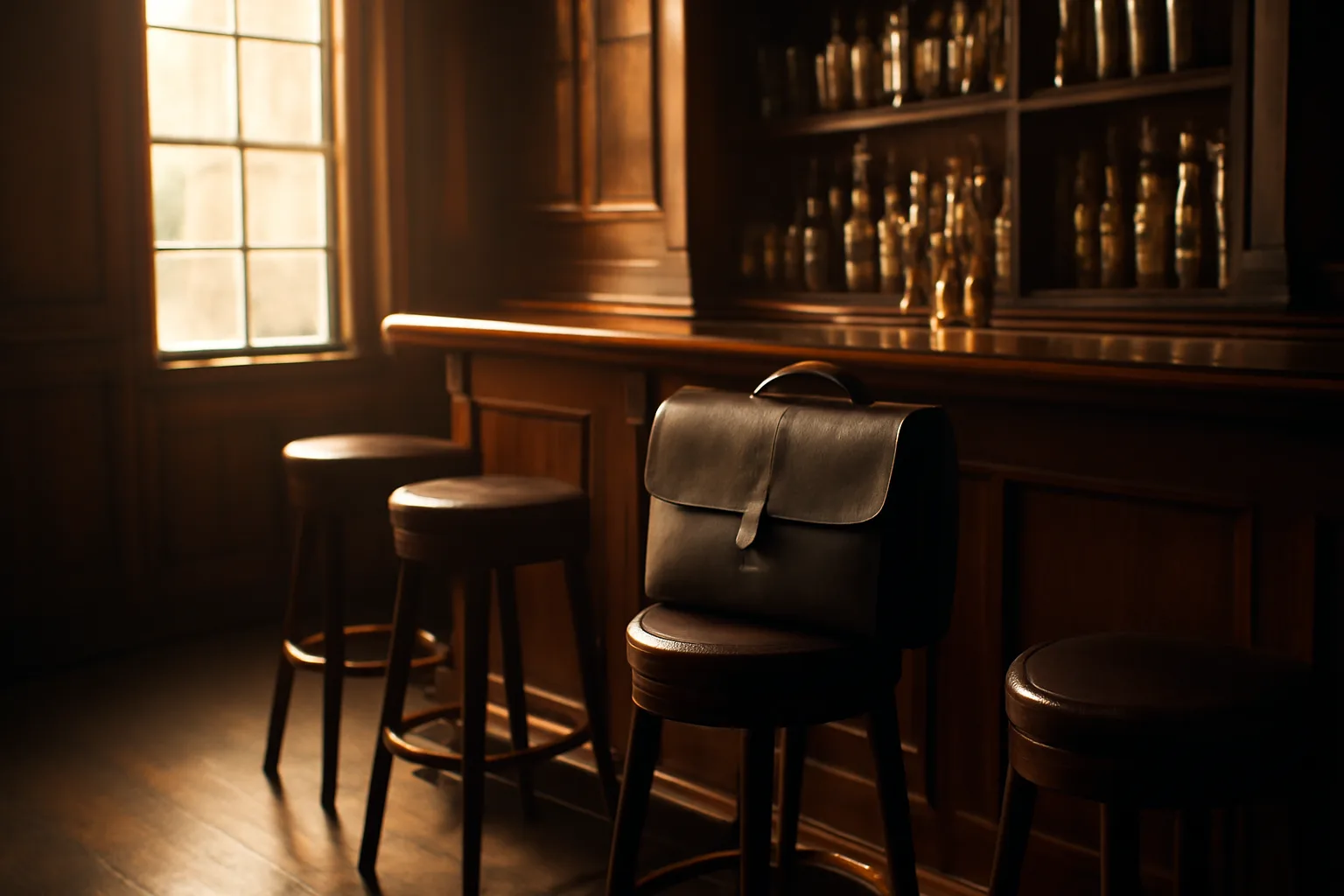 Empty bar interior with briefcase on stool, representing NY bar attorney search context