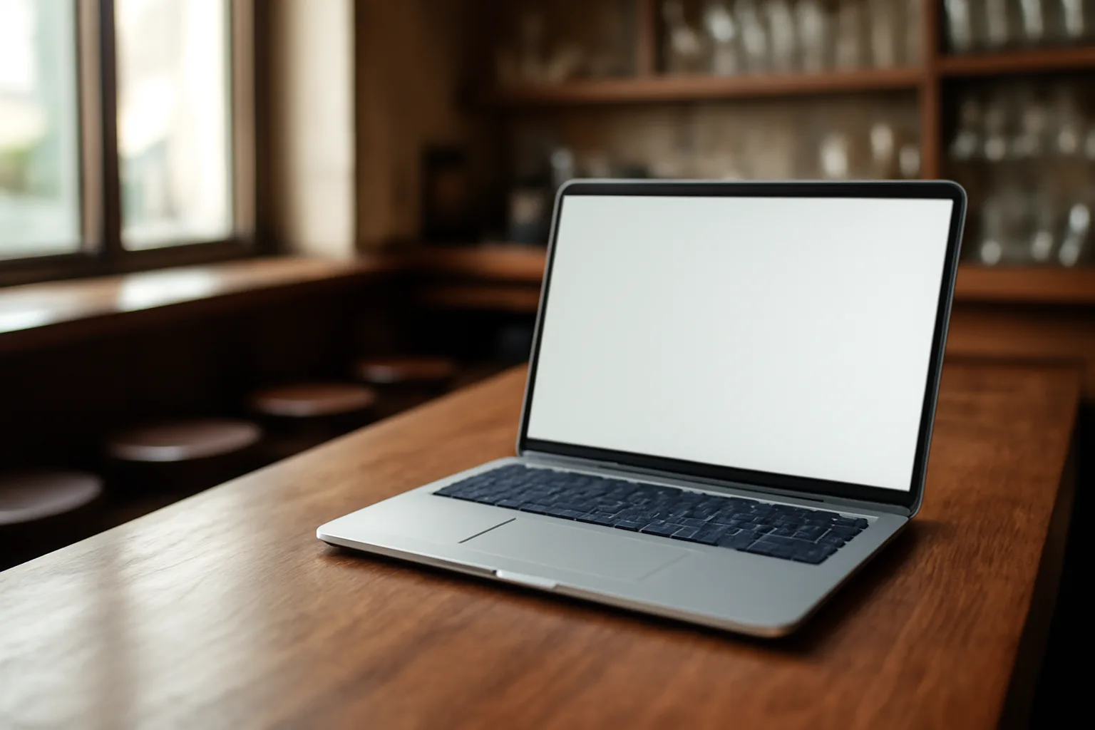 Laptop on a bar counter used for looking up a New York liquor license record