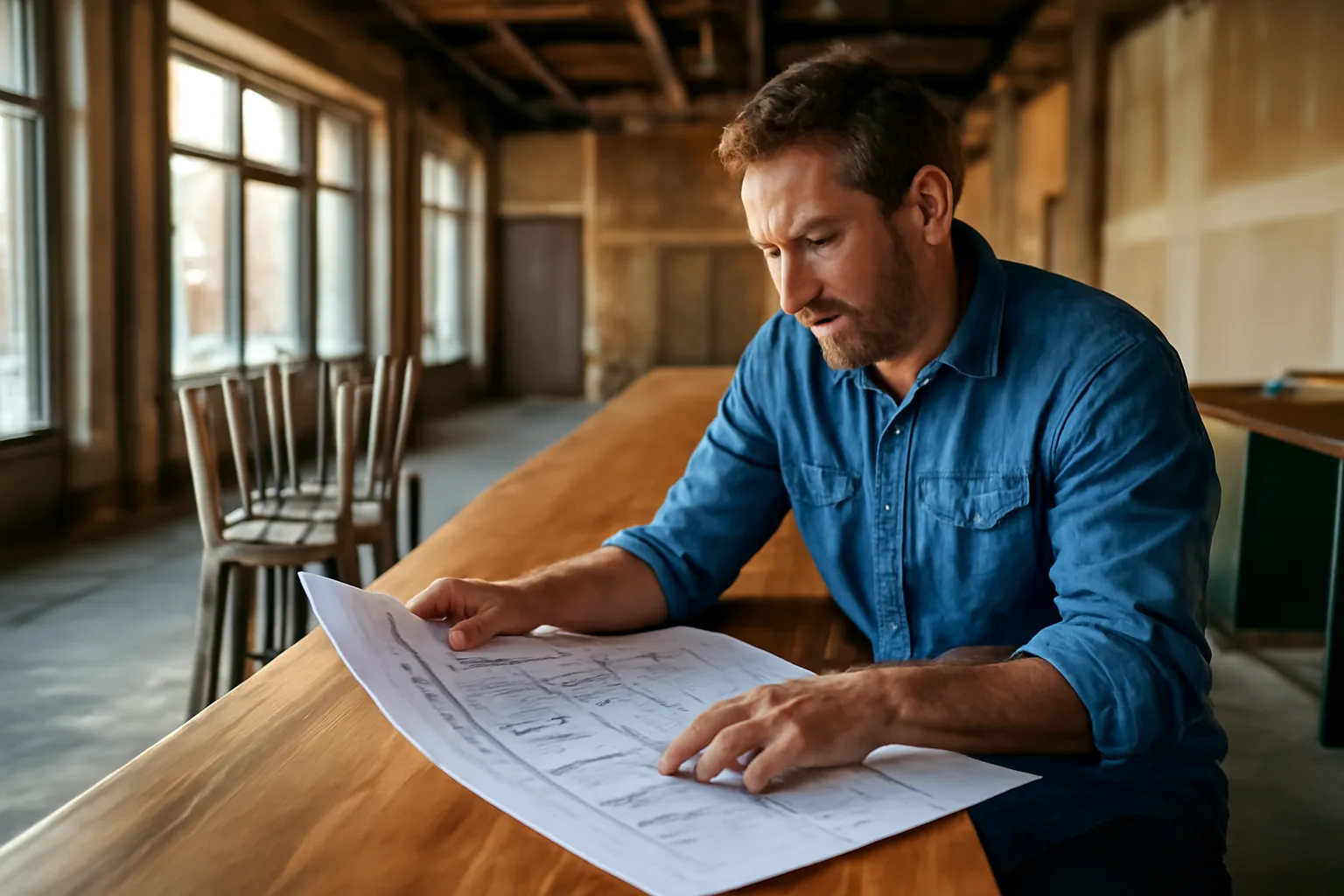 Restaurant owner reviewing lease documents at bar counter during buildout before liquor license approval