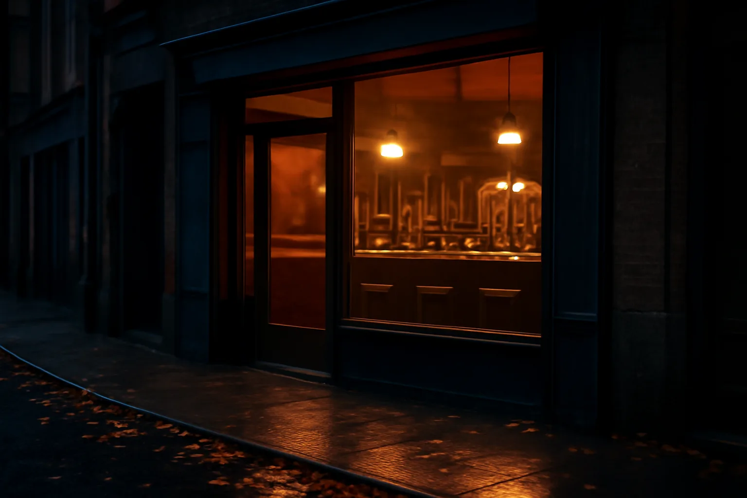 Empty NYC bar storefront lit at dusk before opening, illustrating the liquor license process
