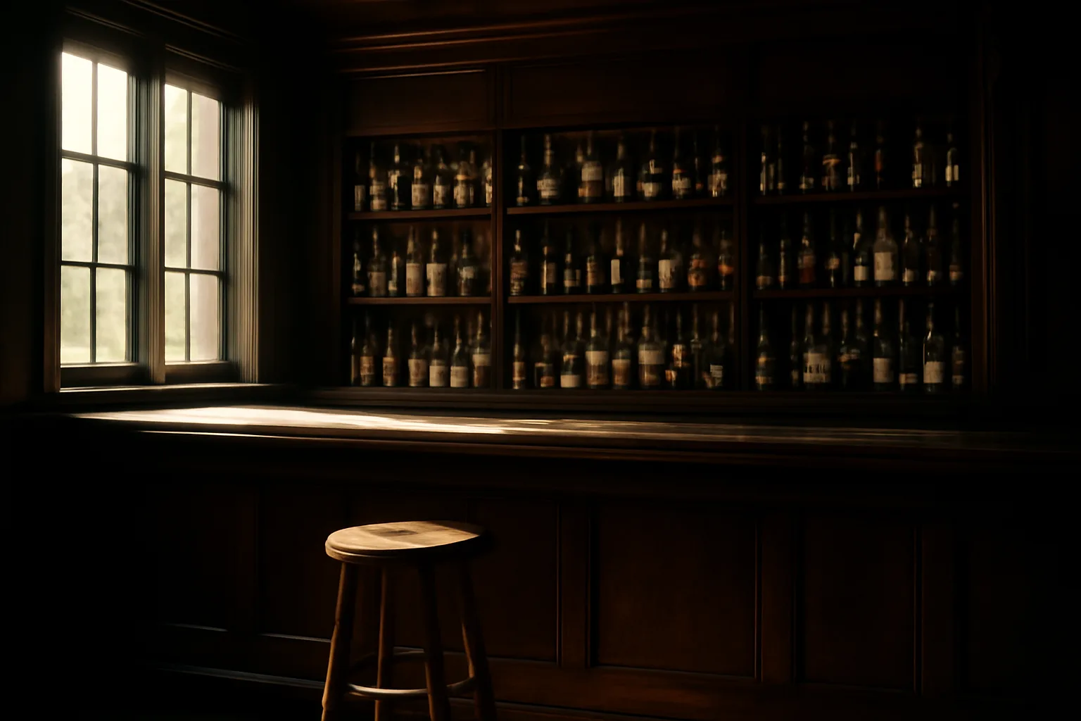 Empty wood-paneled bar interior lit by afternoon sunlight through front windows