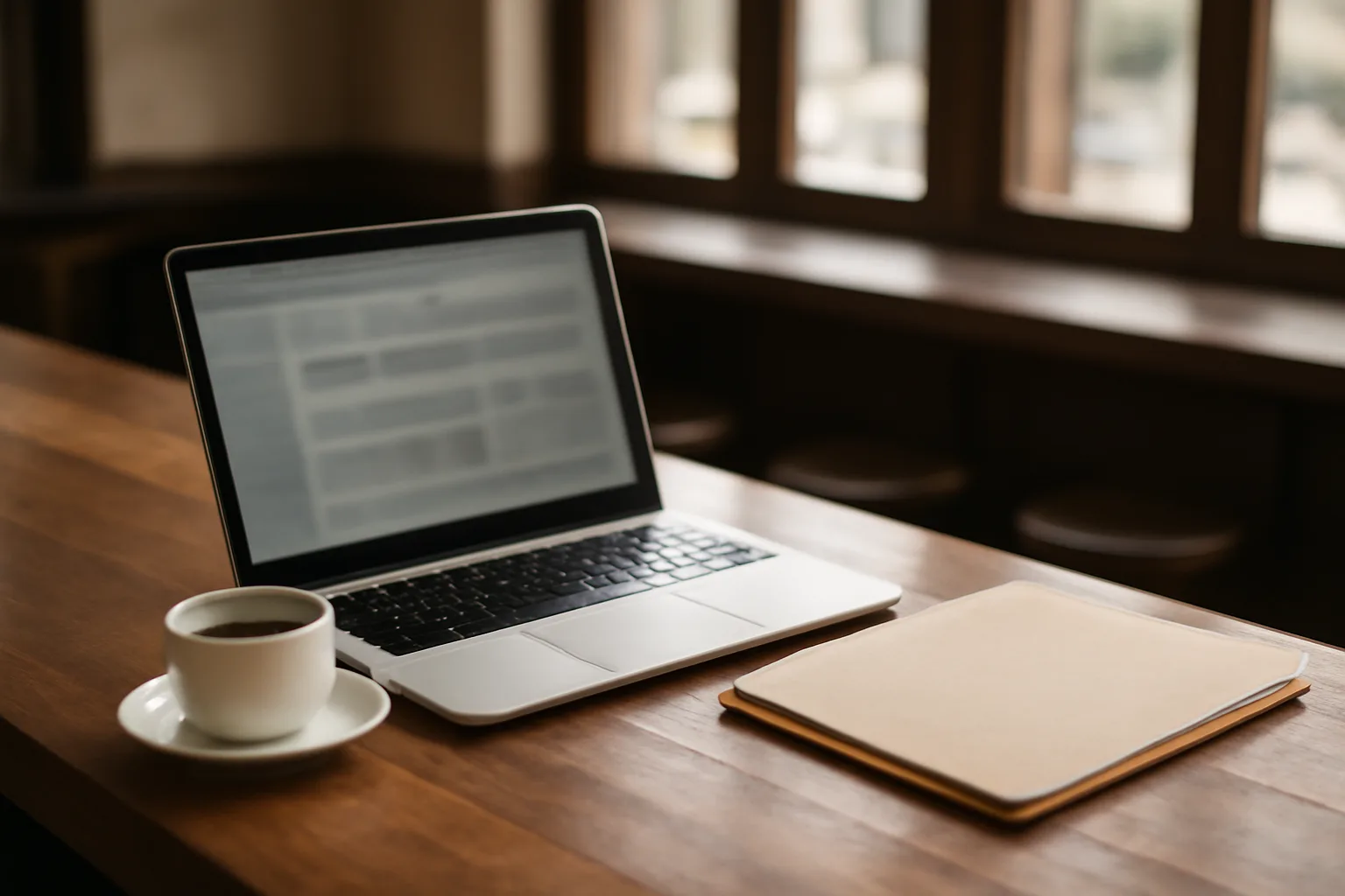 Laptop and paperwork on a bar counter used for a liquor license search