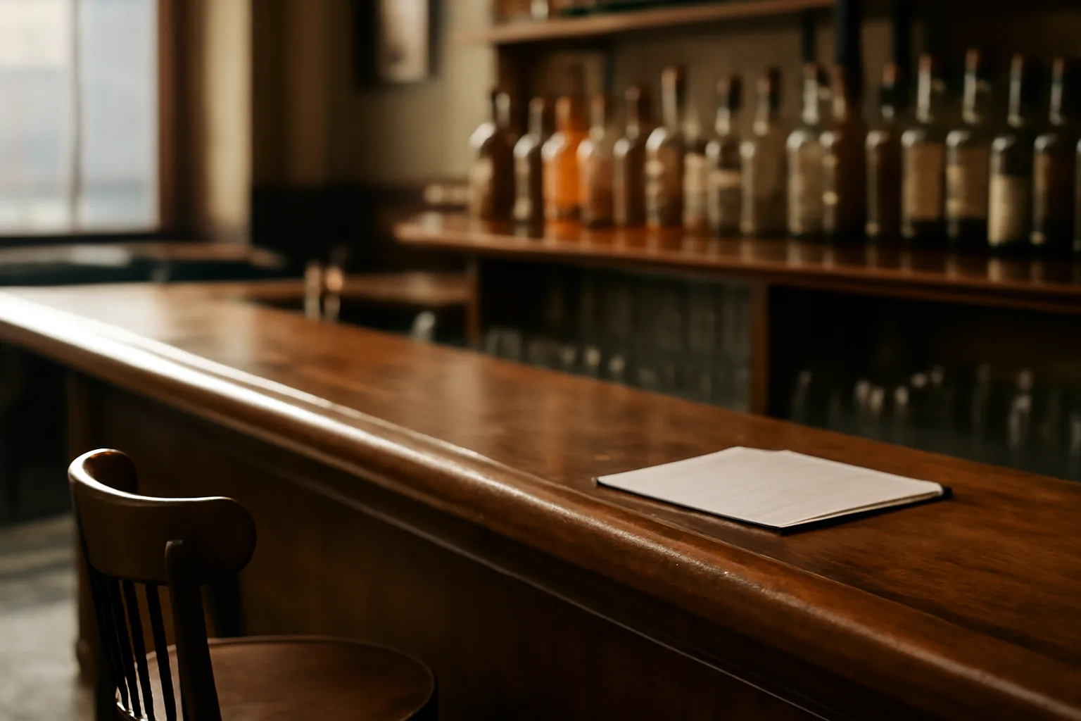 Empty restaurant bar interior representing the NYS liquor license application process before opening