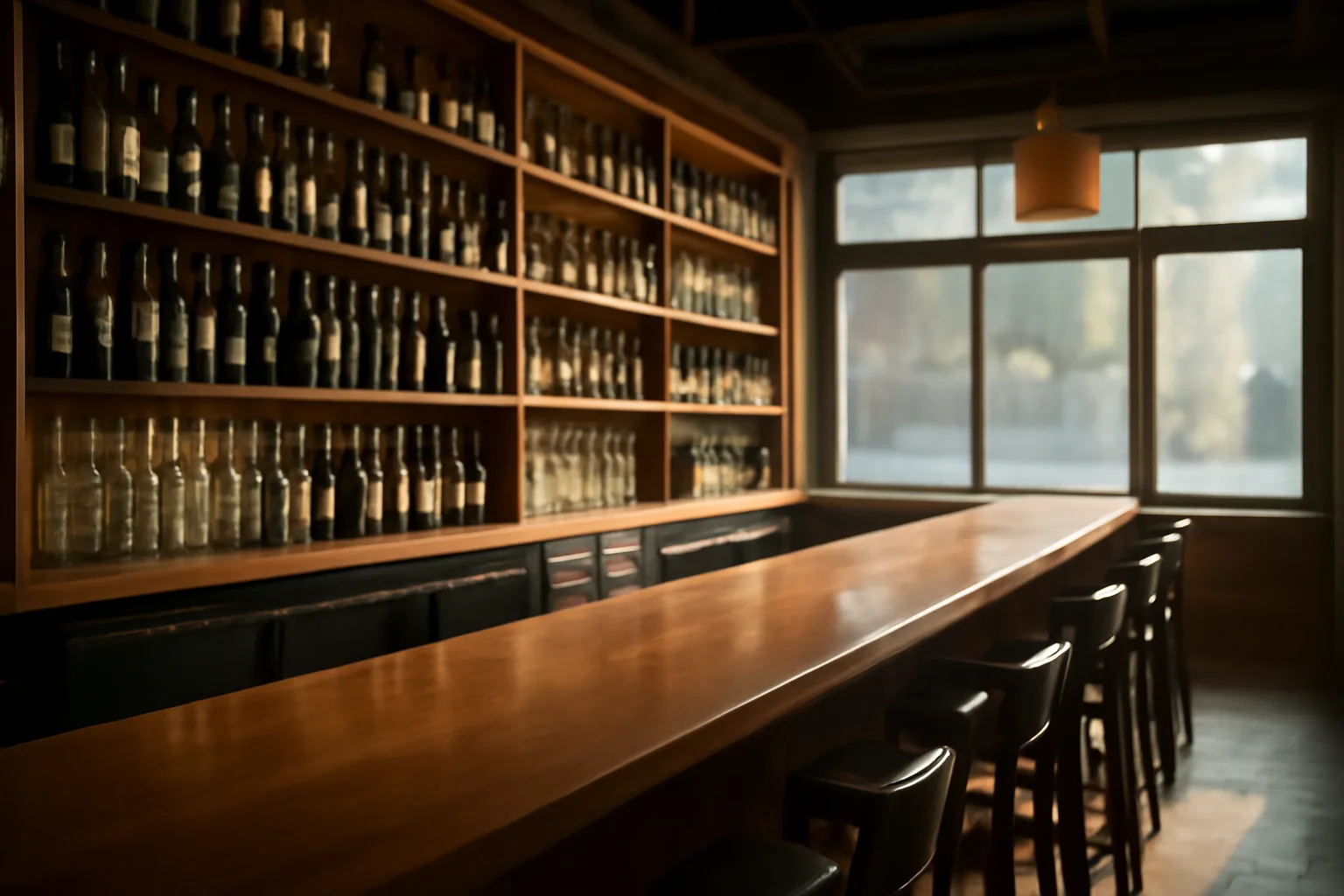 Empty restaurant bar interior with sunlight, relevant to Oakland restaurant liquor licensing lawyer topic