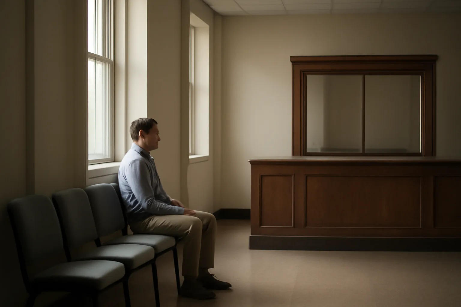 Applicant waiting at a state alcohol control office counter to file paperwork