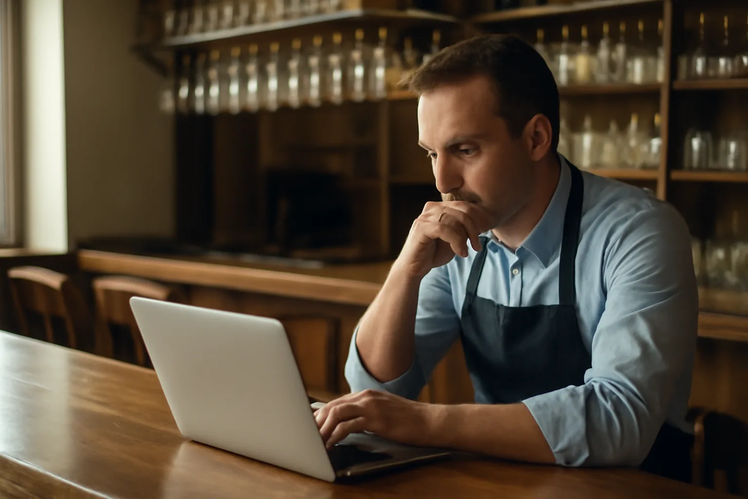 Restaurant owner checking liquor license status on a laptop at an empty bar