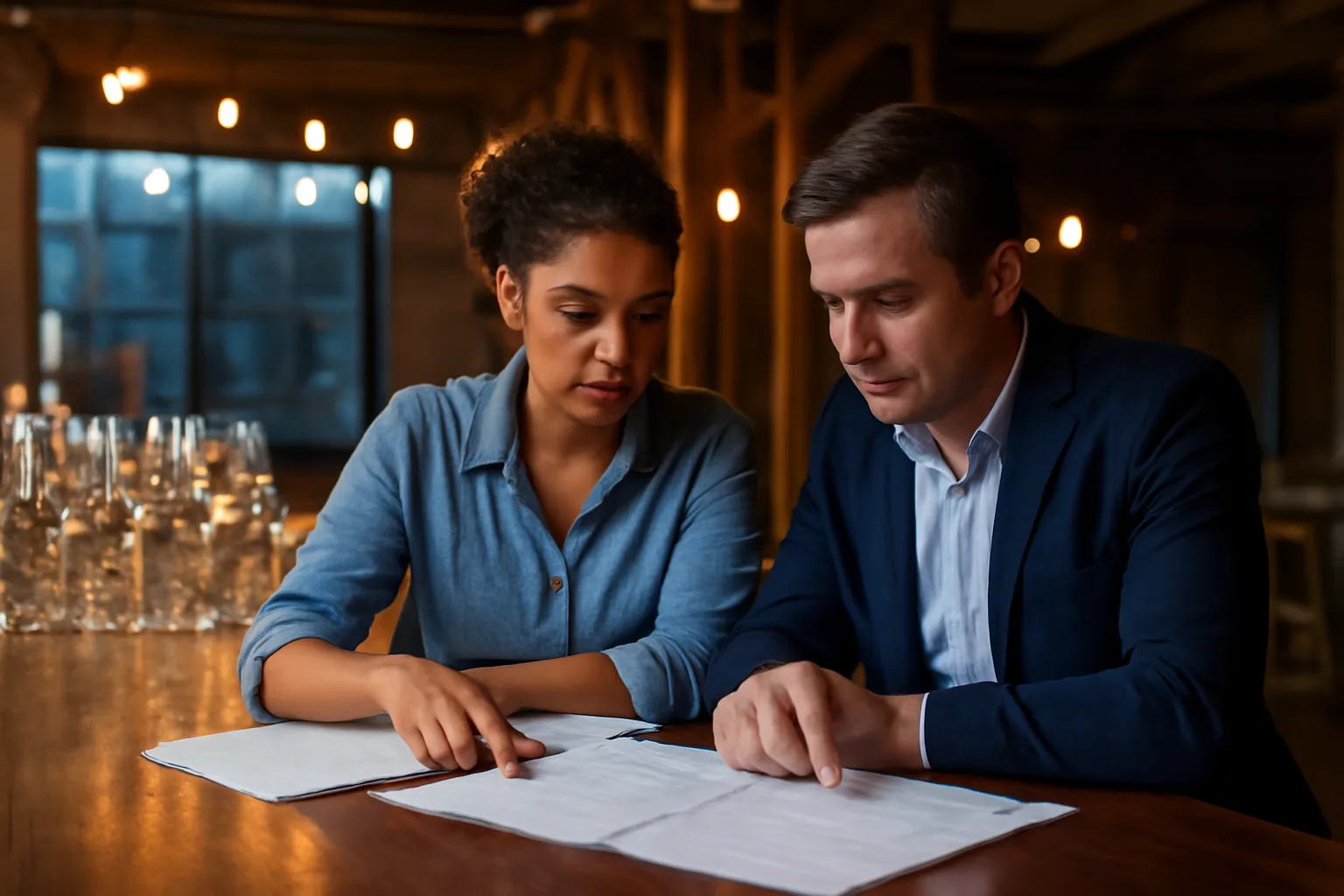 Restaurant owner reviewing documents at a bar during renovation, related to Ohio liquor licenses