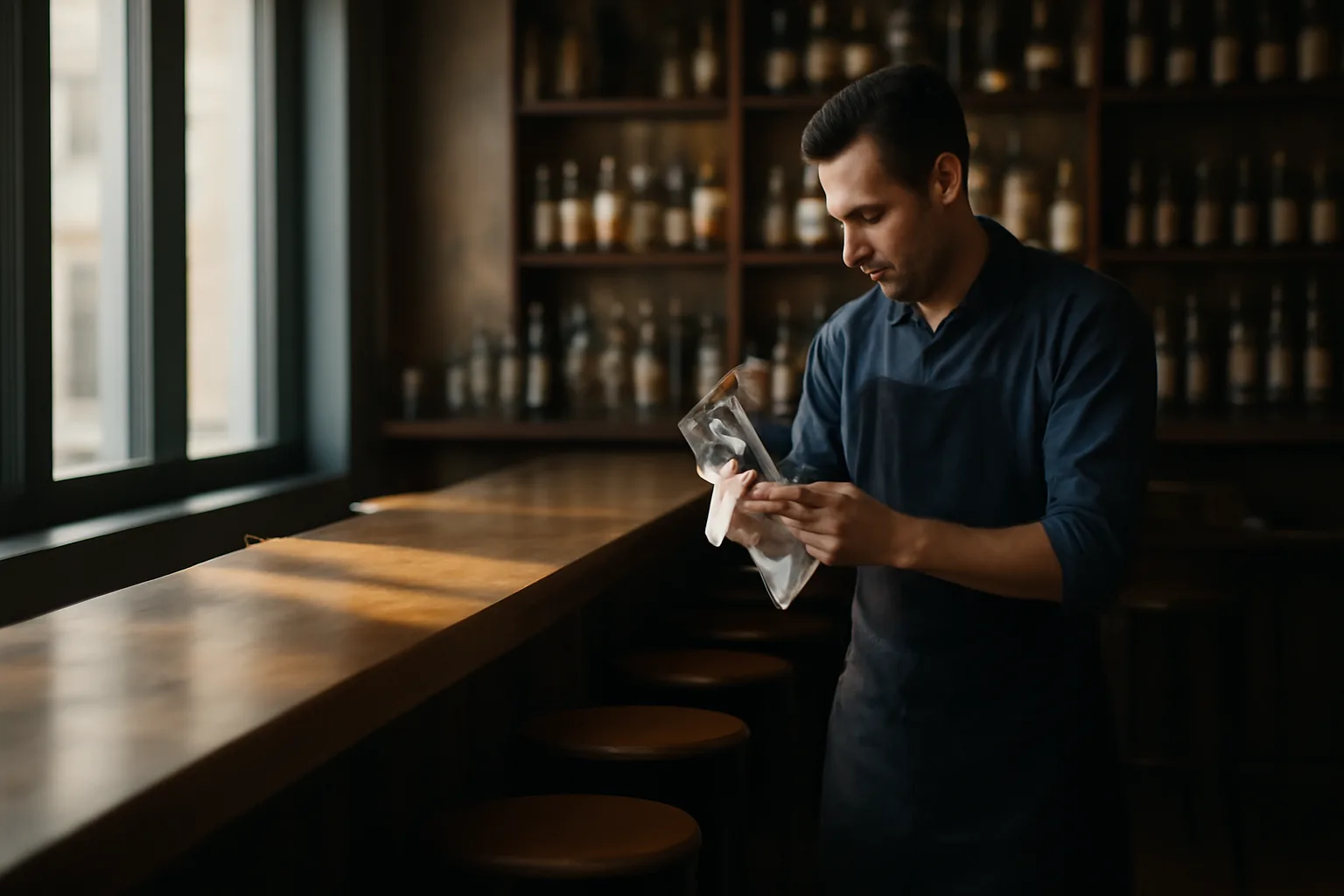 Bartender preparing an empty restaurant bar before opening, related to Oklahoma alcohol license planning