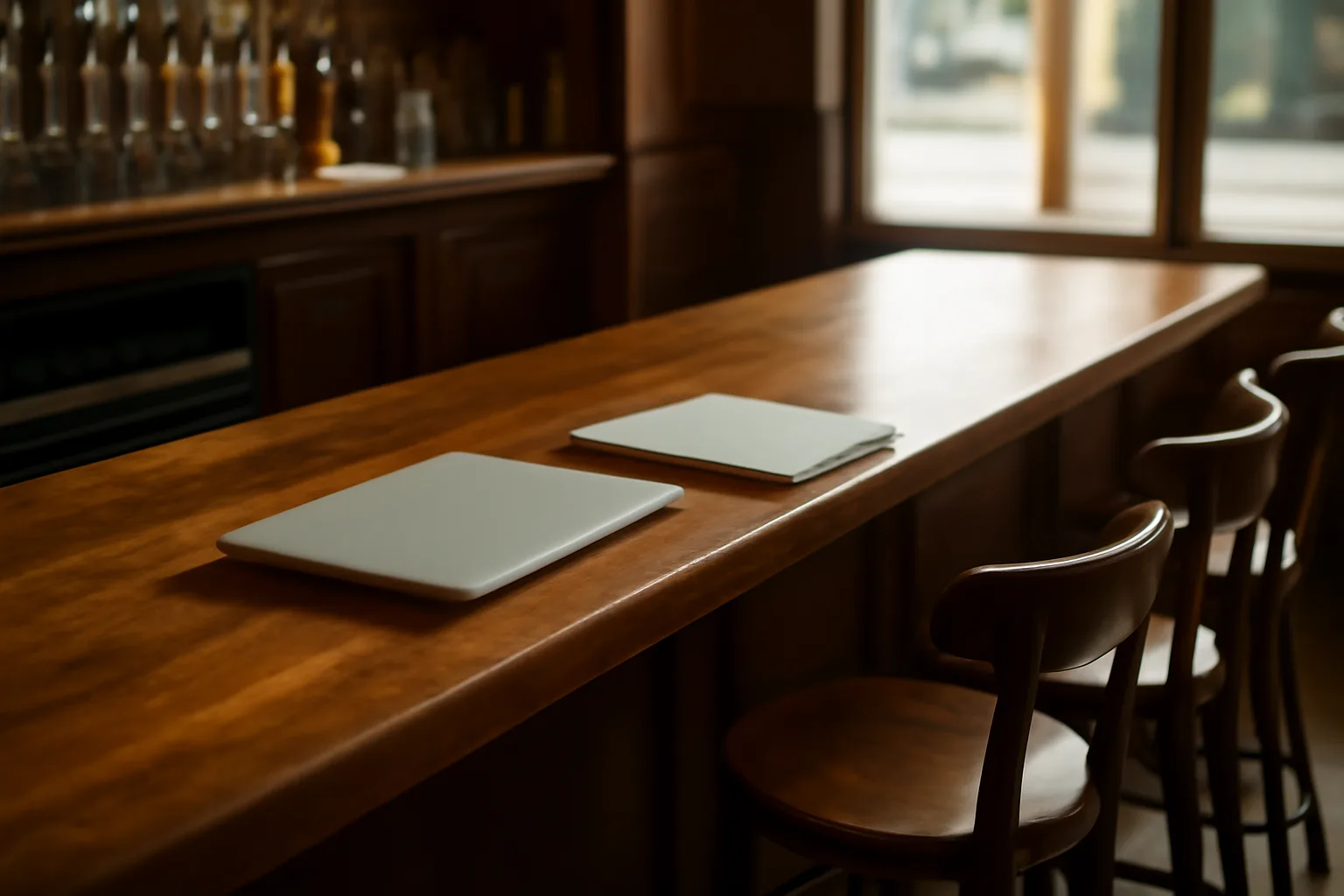 Empty bar counter with morning light, representing liquor license paperwork planning before opening