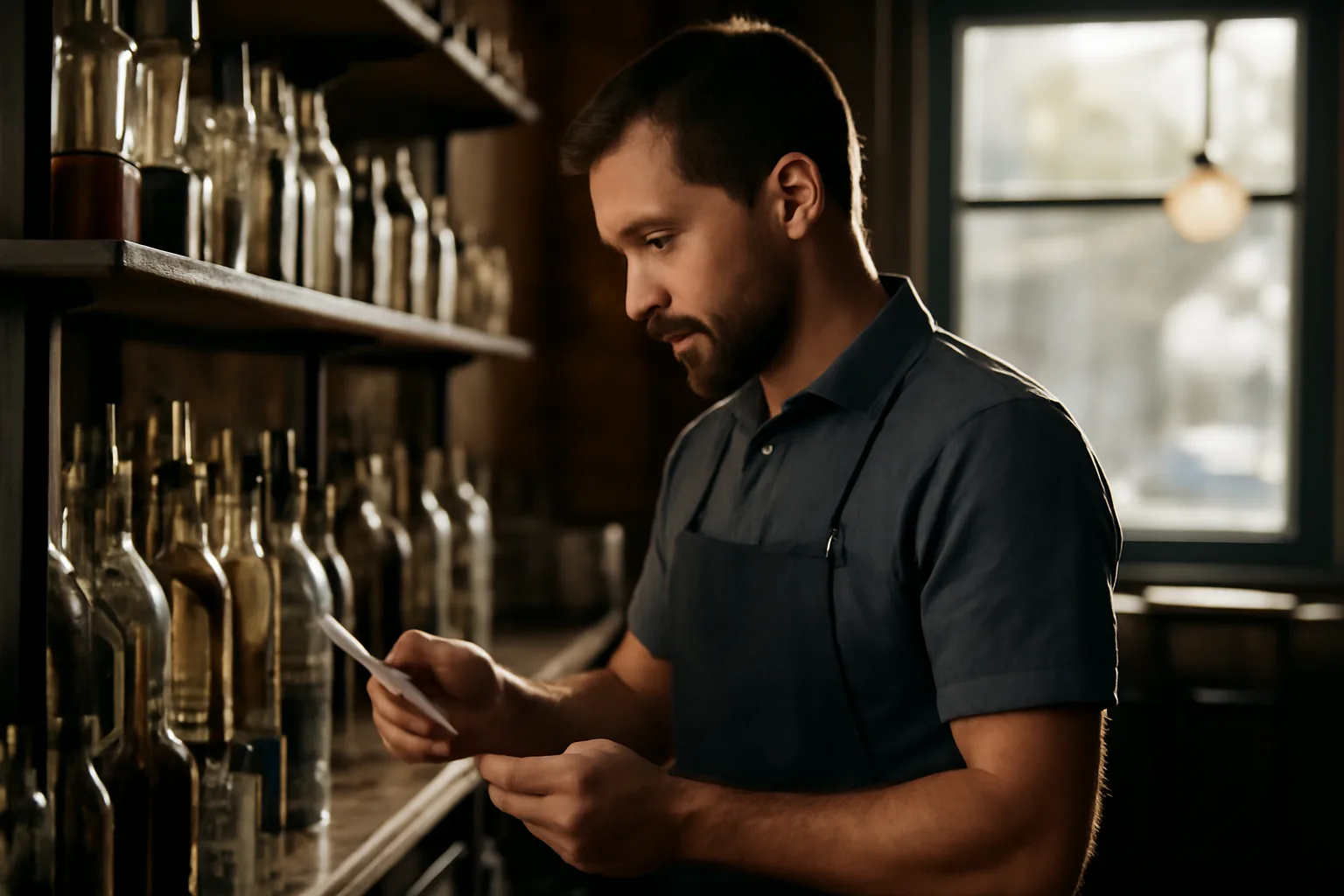 Bartender reviewing a permit card behind a bar before an Oklahoma restaurant opens for service