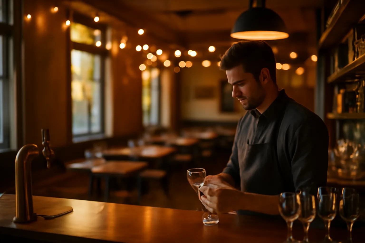 Bartender preparing a restaurant bar before opening under Oklahoma liquor license rules