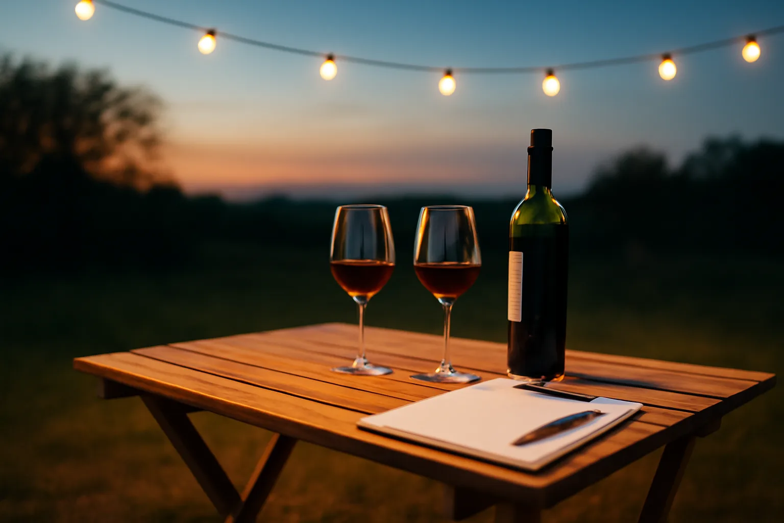 Outdoor event table set for wine service under string lights at dusk