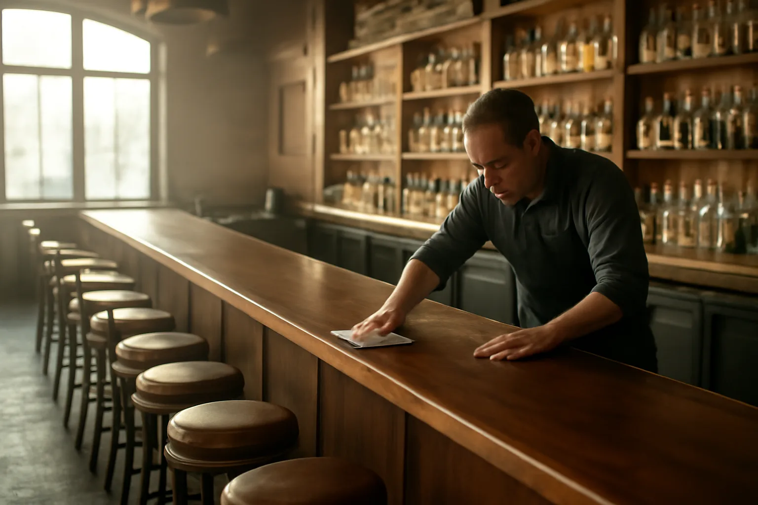Bartender preparing an empty restaurant bar in morning light before an online liquor permit review