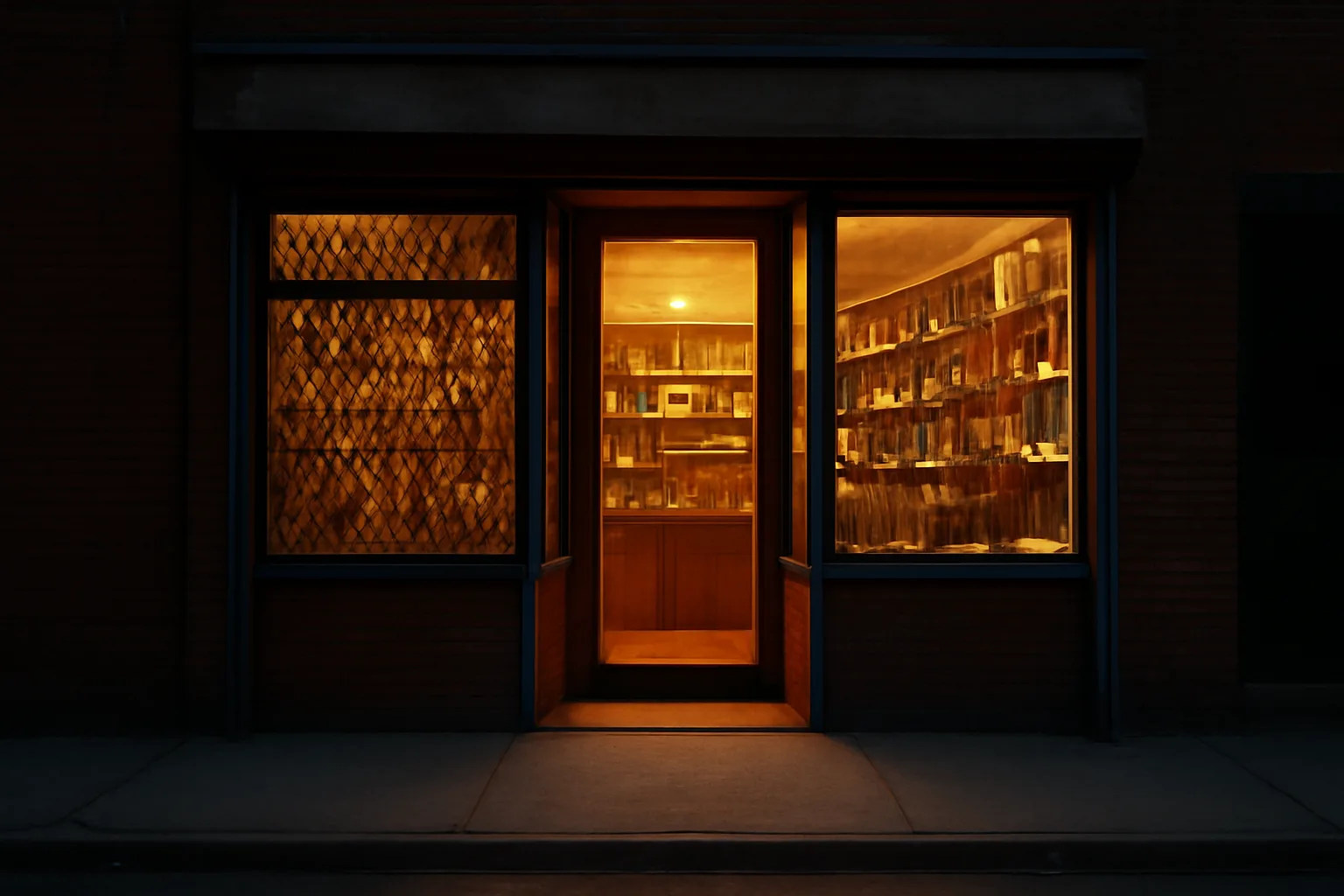 Small liquor store storefront at dusk with security grate partially lowered, no signage visible