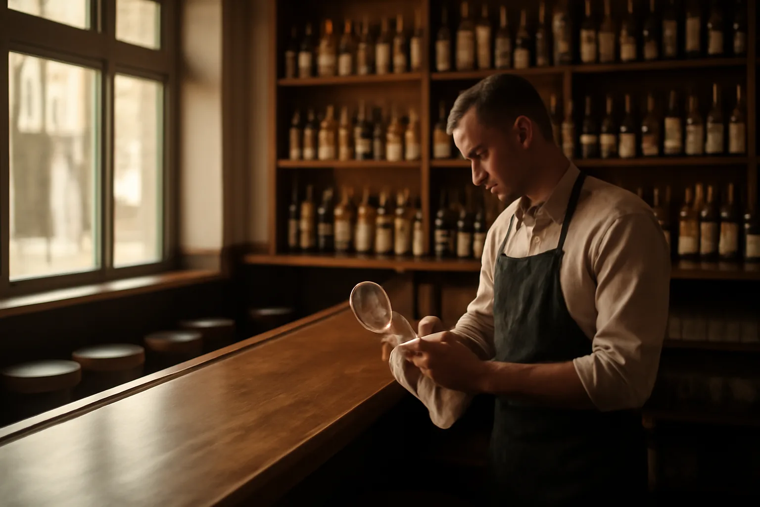 Bartender preparing an Oregon restaurant bar before opening under natural light