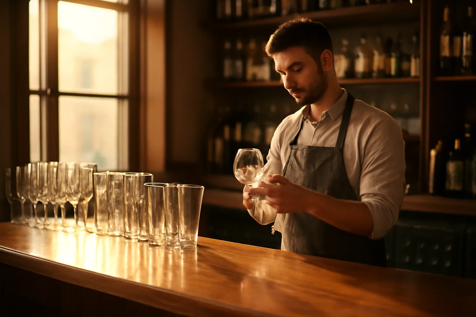 Bartender preparing a bar counter at a restaurant applying for an Oregon liquor license