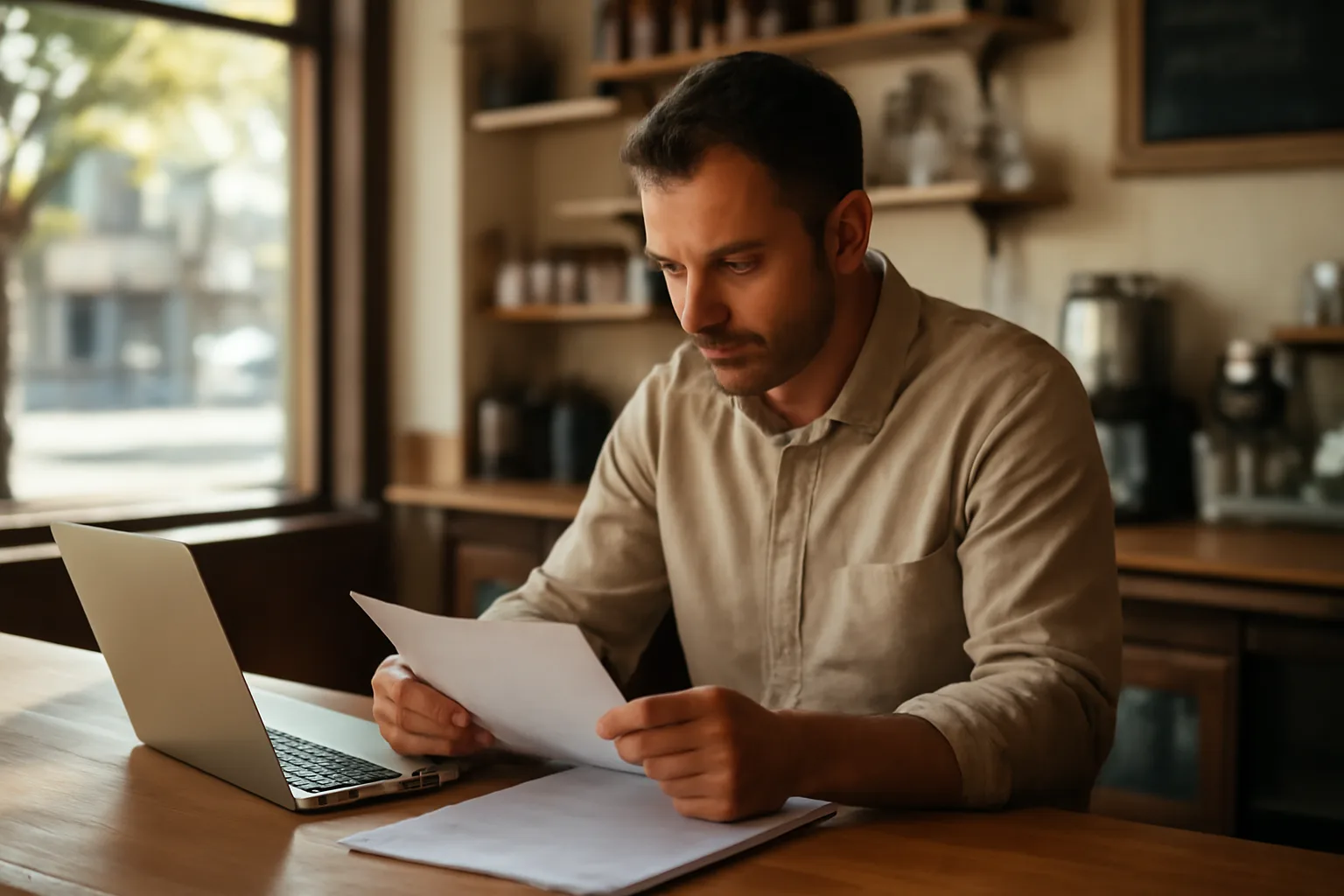 Restaurant owner reviewing license paperwork at a counter during a Pennsylvania liquor license search