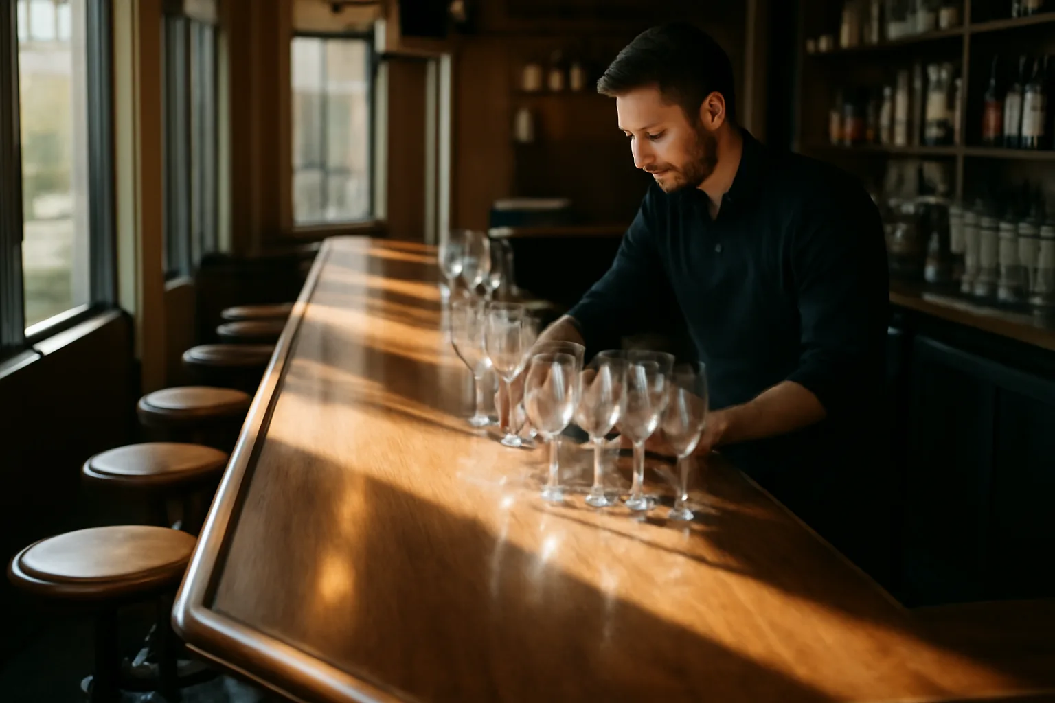 Empty restaurant bar with sunlight, illustrating Pennsylvania liquor license planning for owners