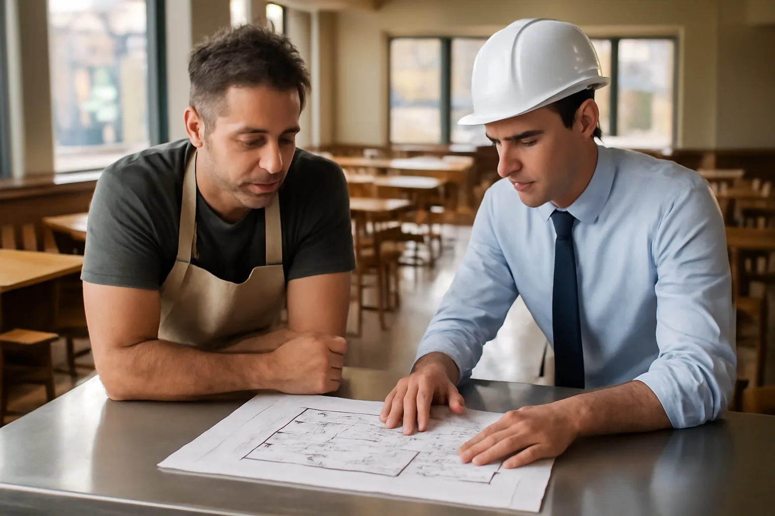 Restaurant owner and inspector reviewing floor plan before alcohol license approval