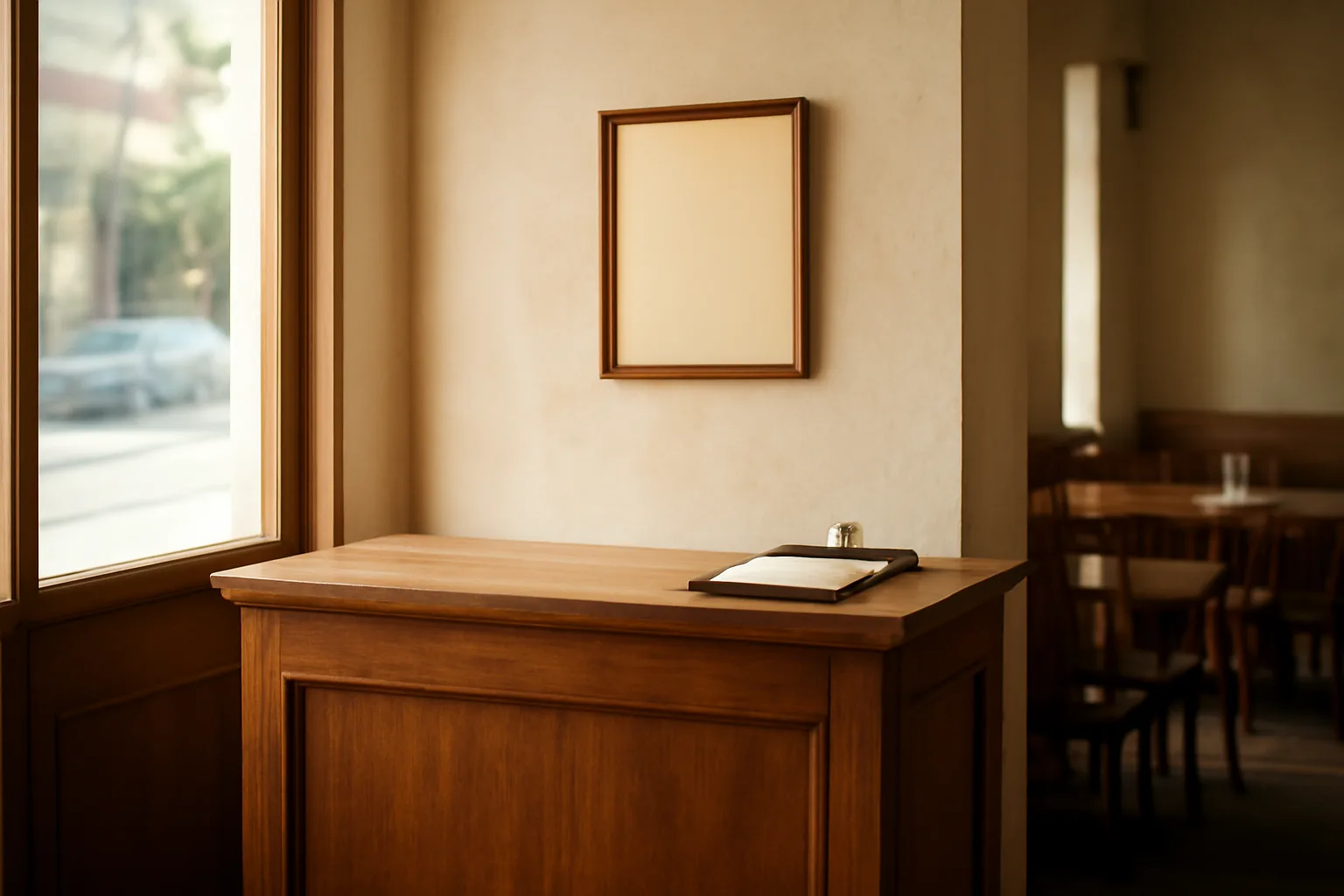 Restaurant counter with a wall-mounted certificate representing a permit to sell alcohol