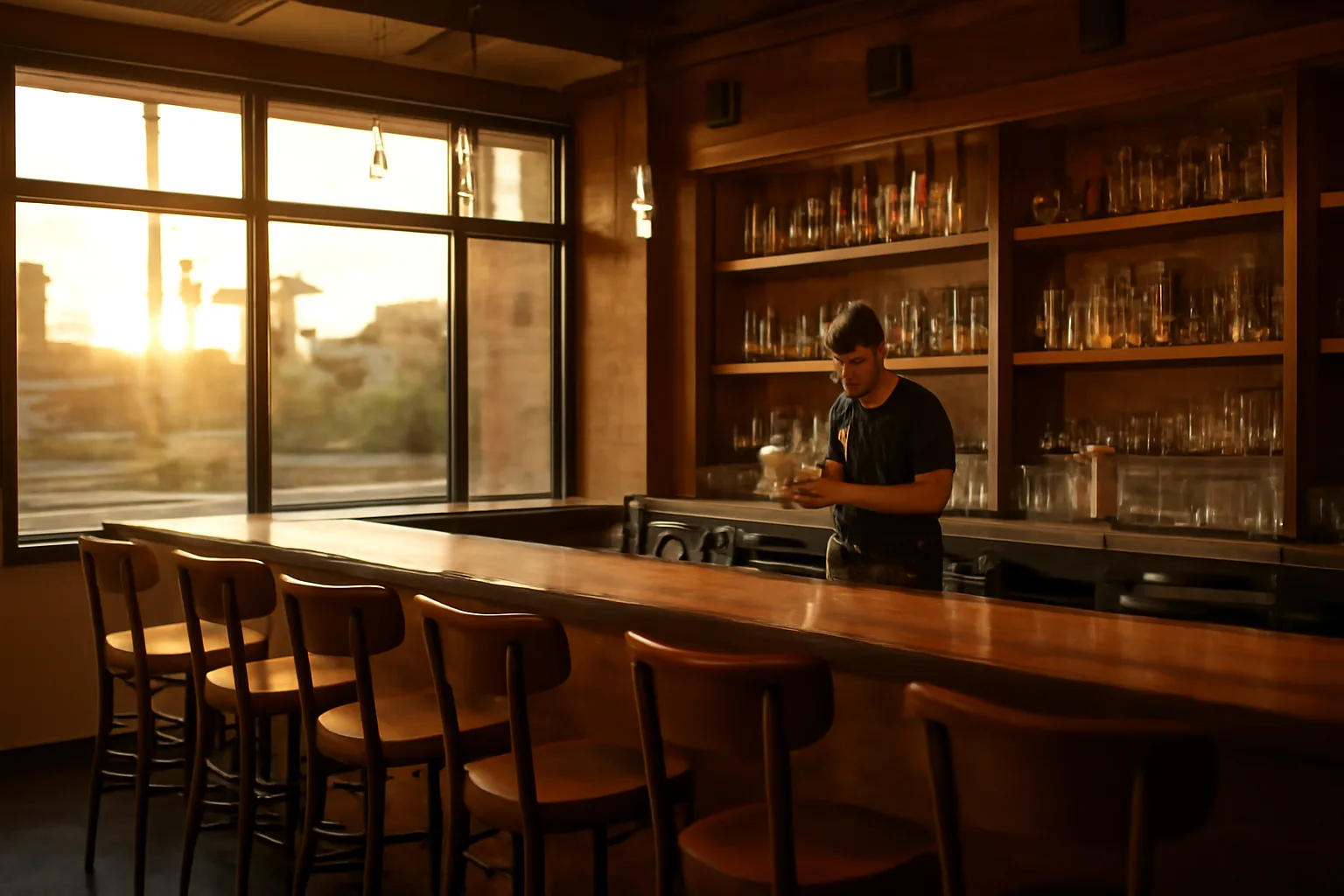 Empty Phoenix restaurant bar at golden hour before opening for service