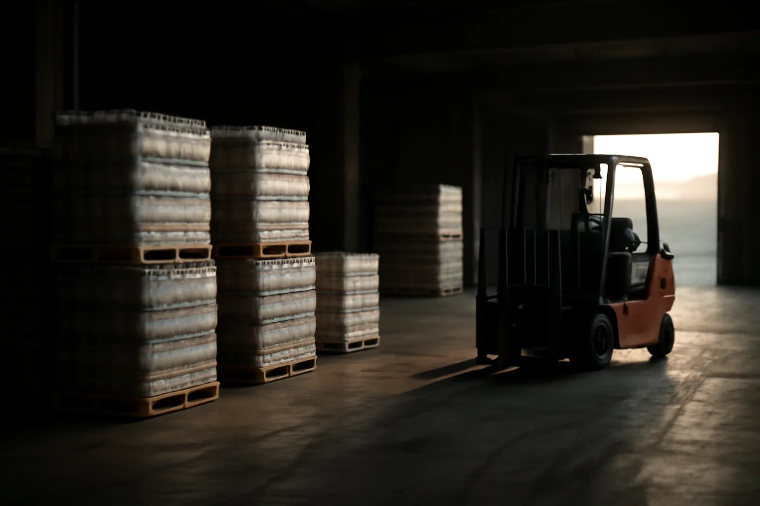 Warehouse loading dock with stacked beverage pallets for a liquor distributor