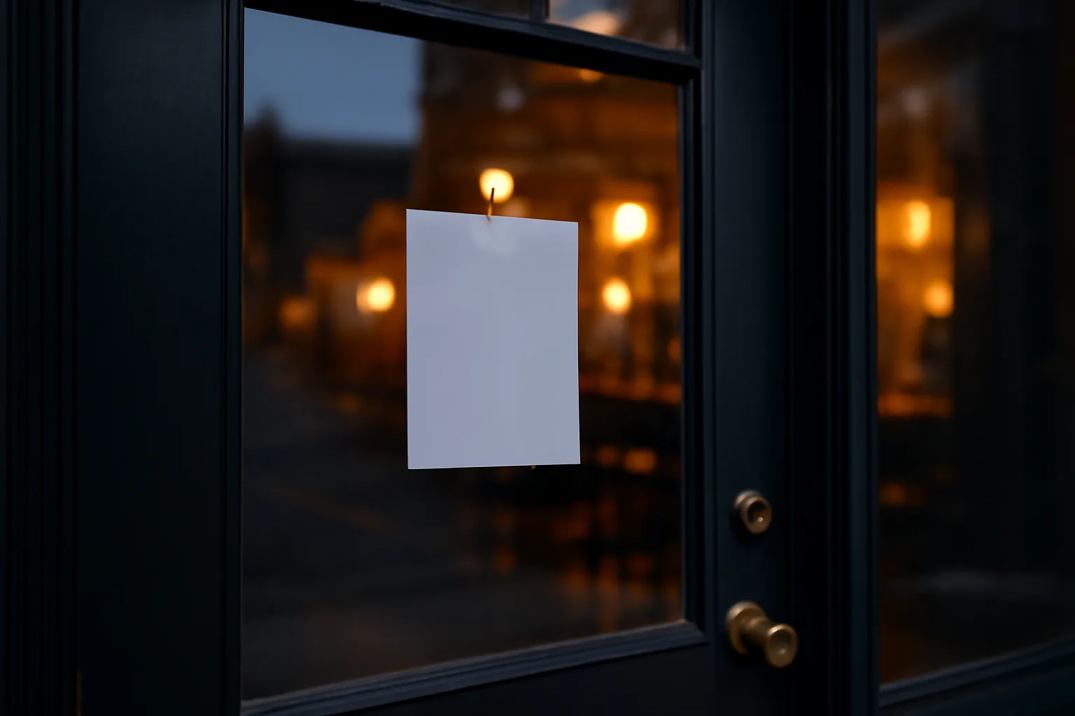 Bar entrance at dusk with a posted notice during a license transfer period