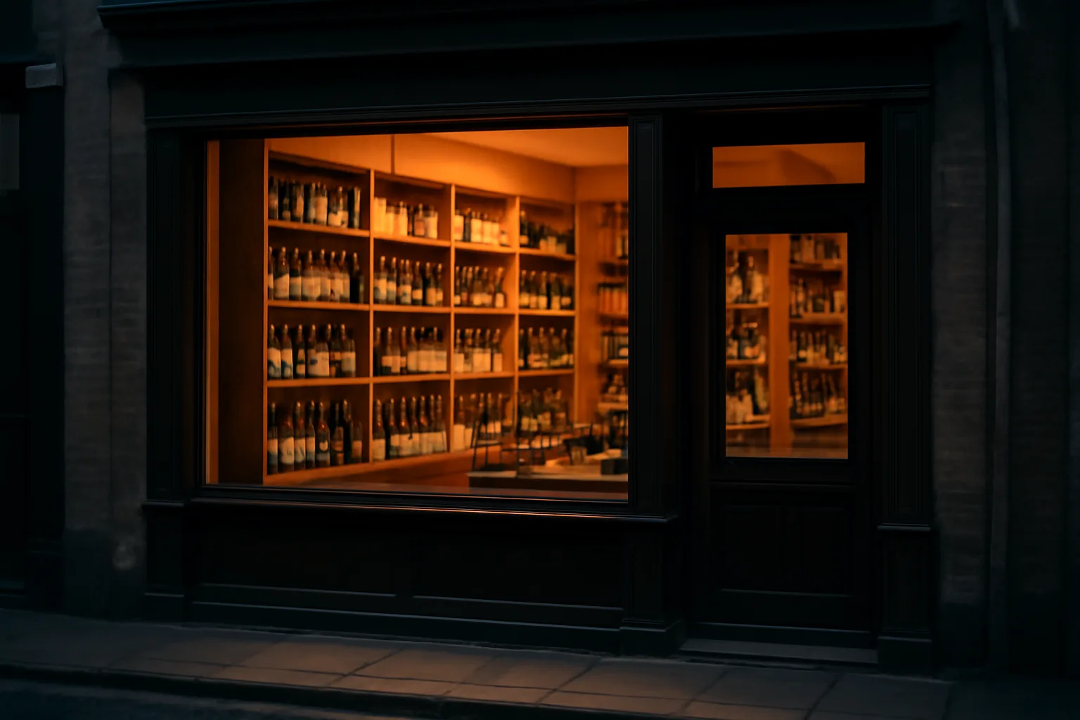 Storefront of a small independent wine and spirits retail shop lit at dusk