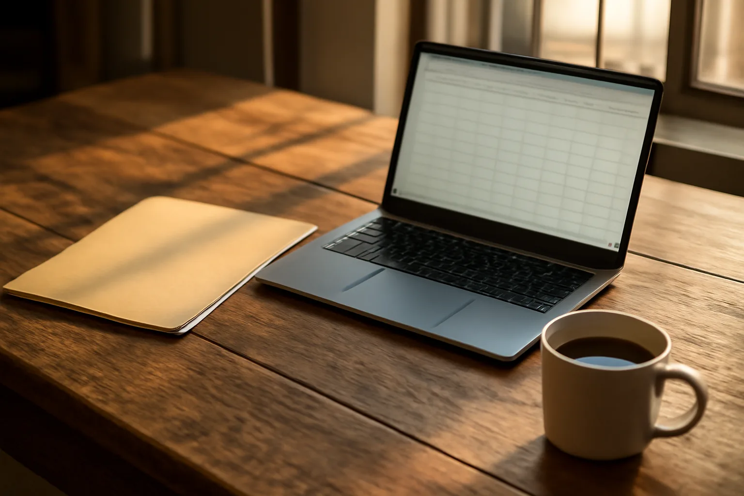 Bar office desk with paperwork folder and laptop during a liquor license renewal review