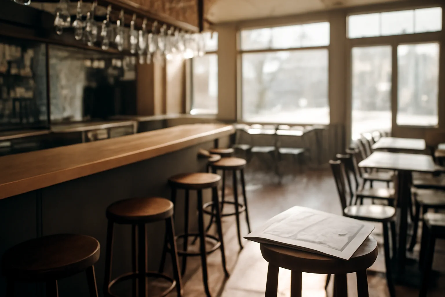 Empty restaurant bar in morning light before alcohol license approval and opening