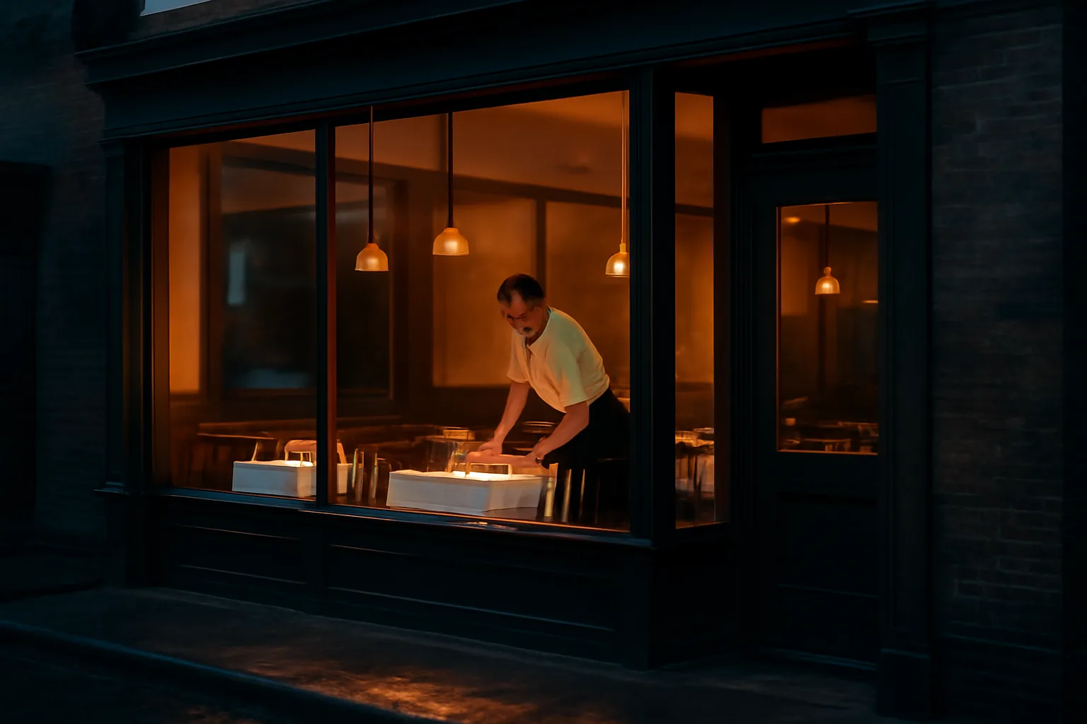 Restaurant storefront at dusk representing search for restaurants with liquor license near me