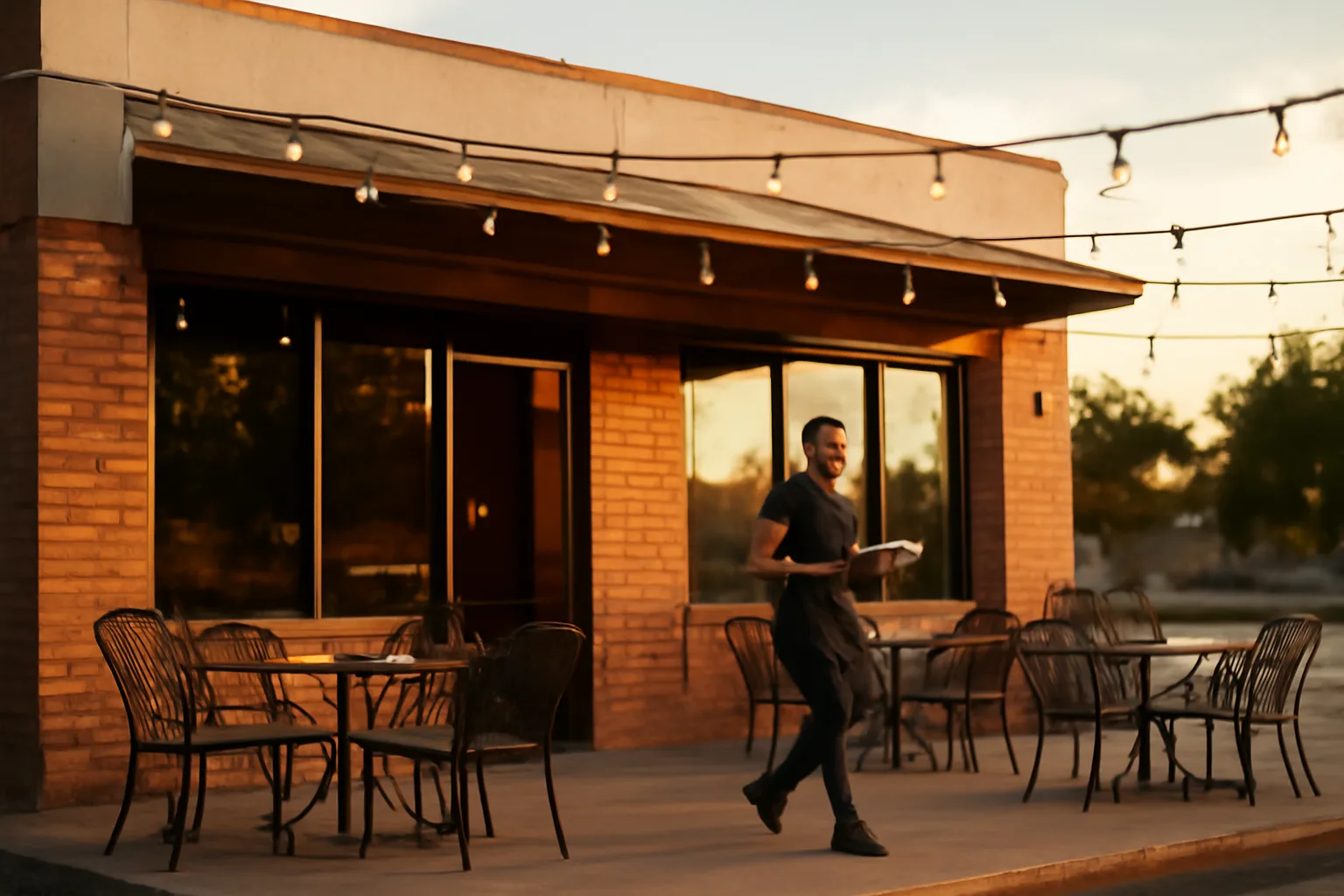 Restaurant patio near Northlake Texas at dusk with server carrying food outside