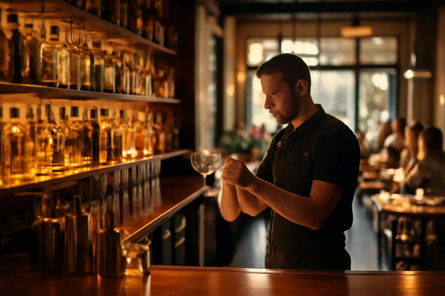 Bartender at a restaurant bar counter lined with liquor bottles at dusk