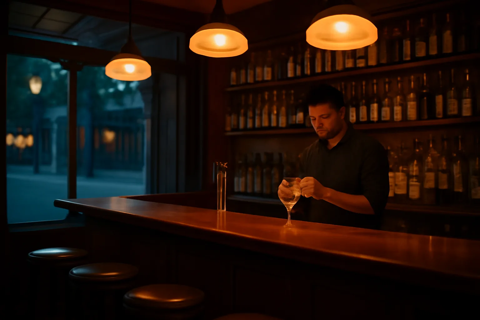 Bartender preparing a Santa Clara bar for opening at dusk with warm lighting
