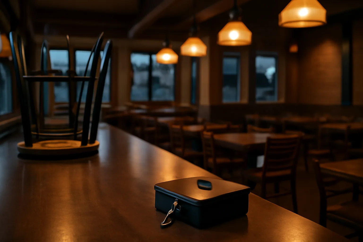 Empty leased restaurant bar at dusk before an SC alcohol license is approved