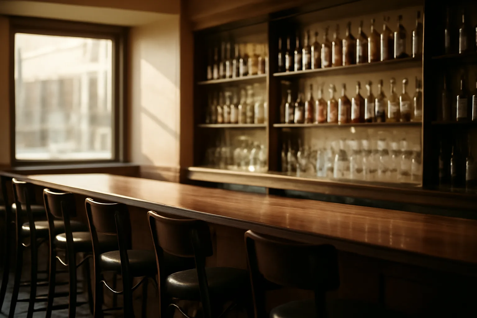 Empty restaurant bar with liquor bottles lit by morning window light