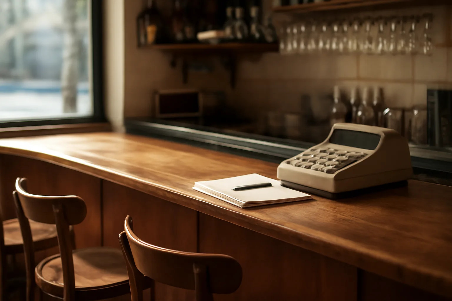 Empty restaurant bar counter with permit paperwork near the register, South Carolina liquor license cost planning scene
