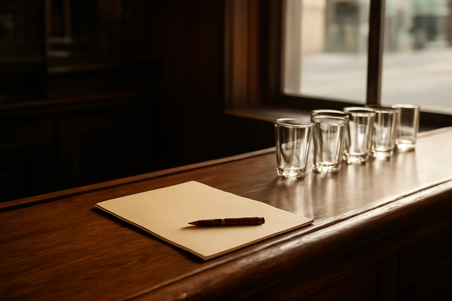 Empty bar counter with paperwork folder, representing the state alcohol license process